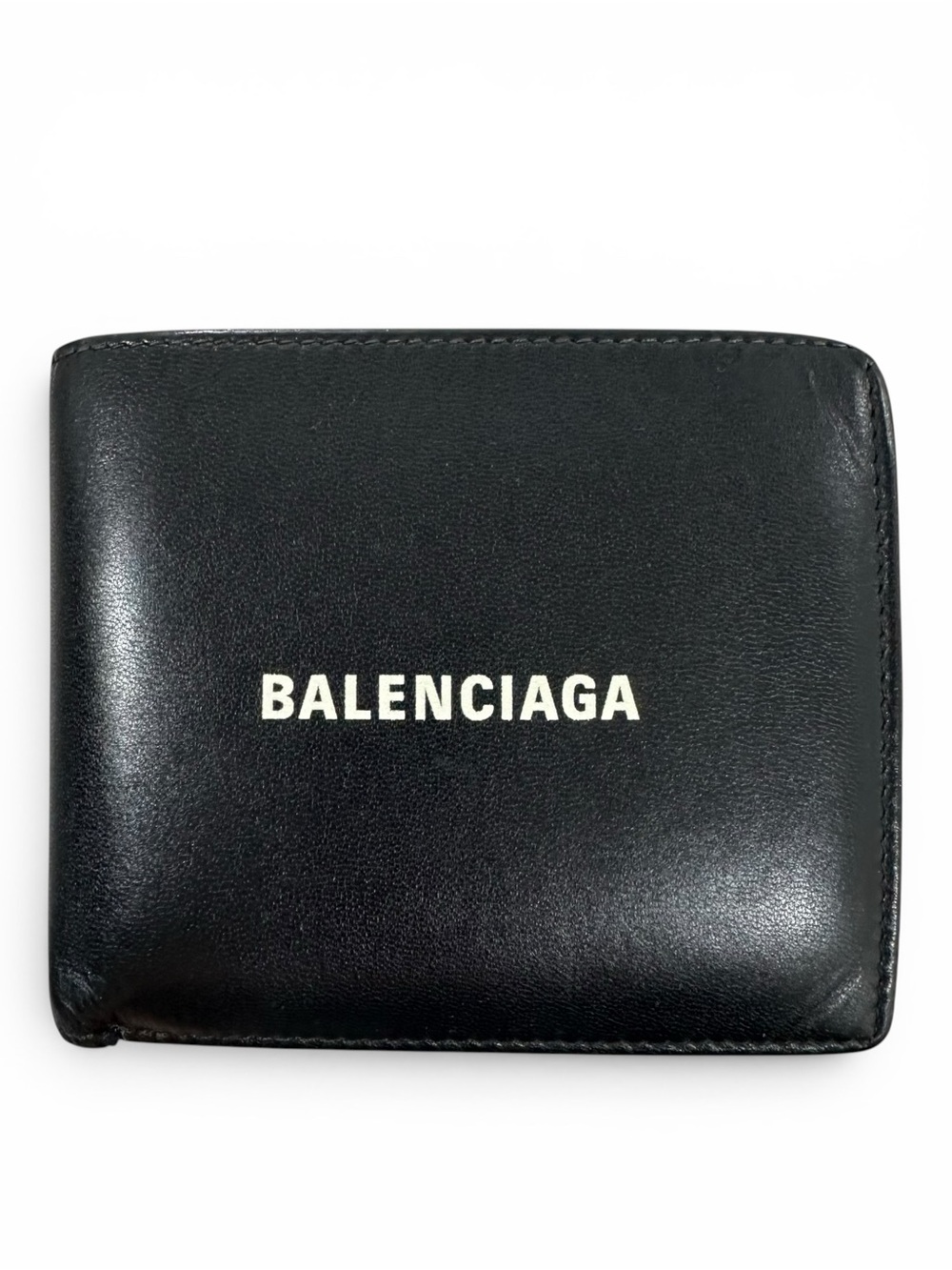Balenciaga Black Leather & White Spell Out Bifold Wallet
